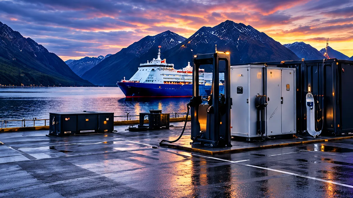 Mobile lade- og energienheter på kai med skip i bakgrunnen
