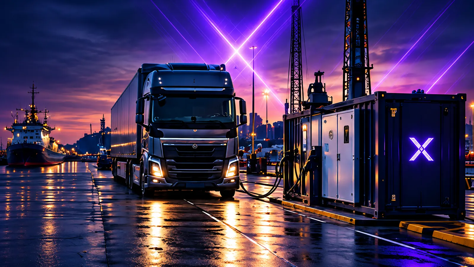 Lastebil lader fra mobil energienhet på kai i skumringen